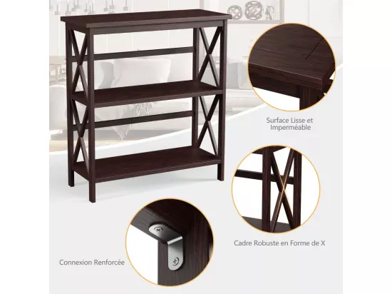 Bibliothèque étagère de rangement,en bois à 3 niveaux, dispositif anti-basculement (café)