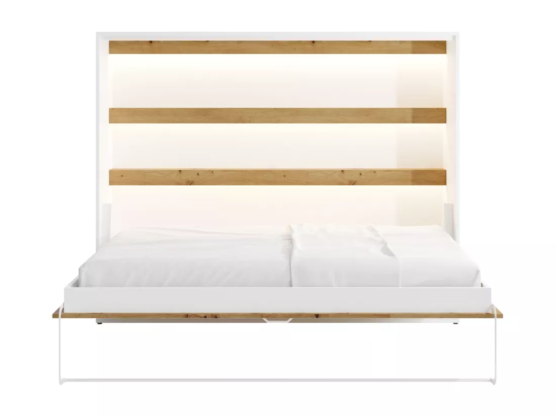 Lit escamotable 140 x 200 cm - Ouverture horizontale manuelle - Avec LEDs - Blanc et naturel + Matelas - RAPILI