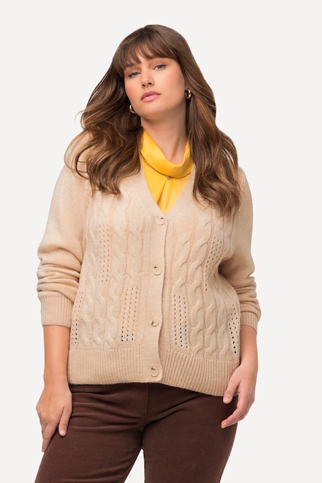 Strickjacke, Zopfmuster, V-Ausschnitt, Knopfleiste
