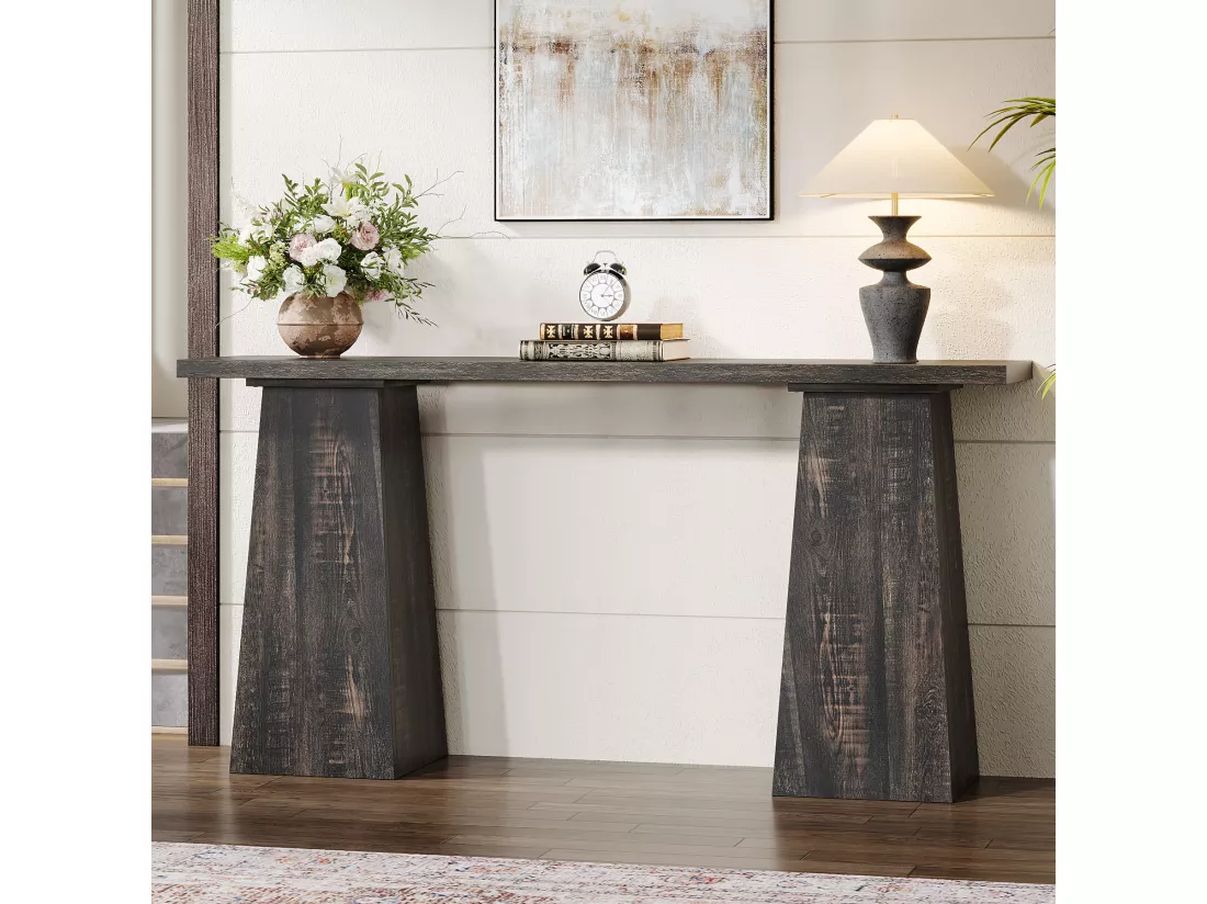 Table console rustique Table d'entrée en bois pour le salon, 160cm Tables d'appoint pour le couloir avec double socle pour l'entrée