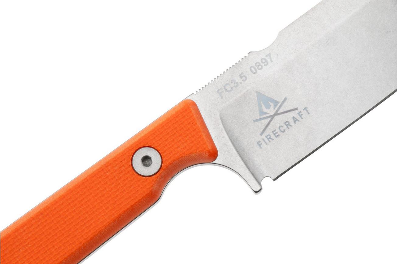 White River Firecraft 3.5 Pro, Stonewashed Magnacut, Orange G10 survivalmes, Kydex schede met firesteel