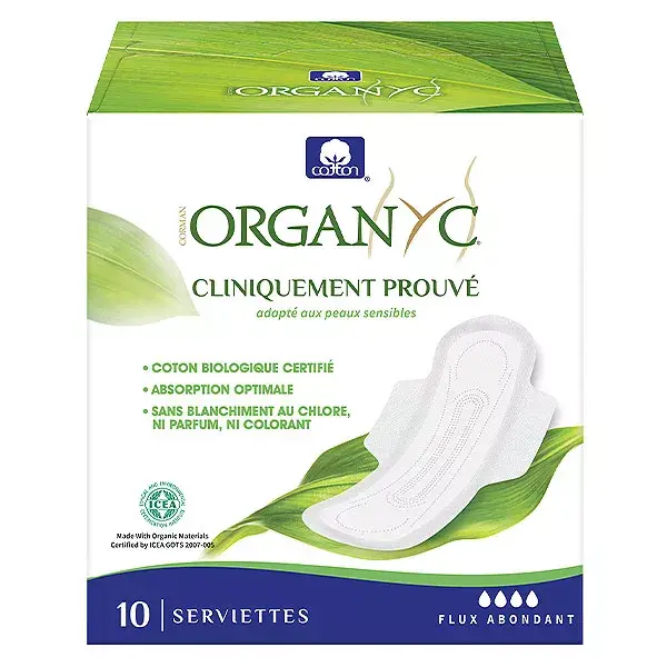 Absorventes higiênicos de algodão orgânico para fluxo intenso Organyc, pacote com 10 unidades.