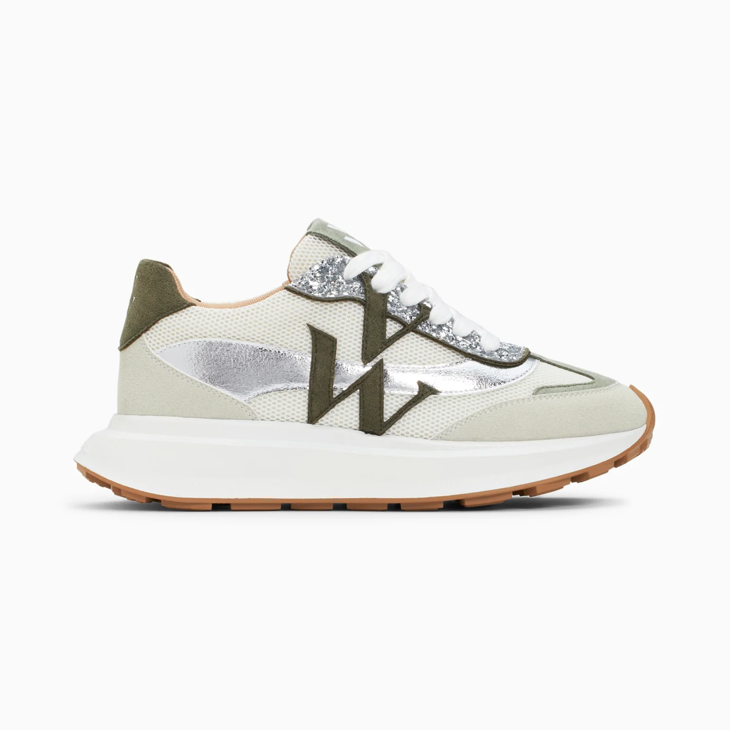 Sneakers-Baskets monogramme Inès kaki et argent à semelle oversize