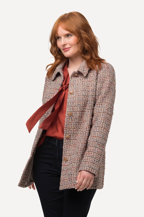 Bouclé-Jacke, Metallic-Effekt, Hemdkragen, Schmuckknöpfe