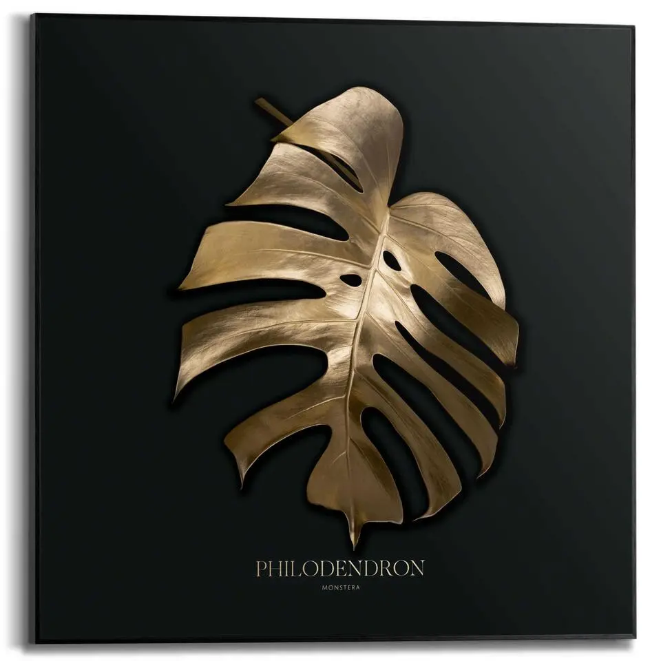 Schilderij Monstera Blad - 50x50cm - Goudkleurig