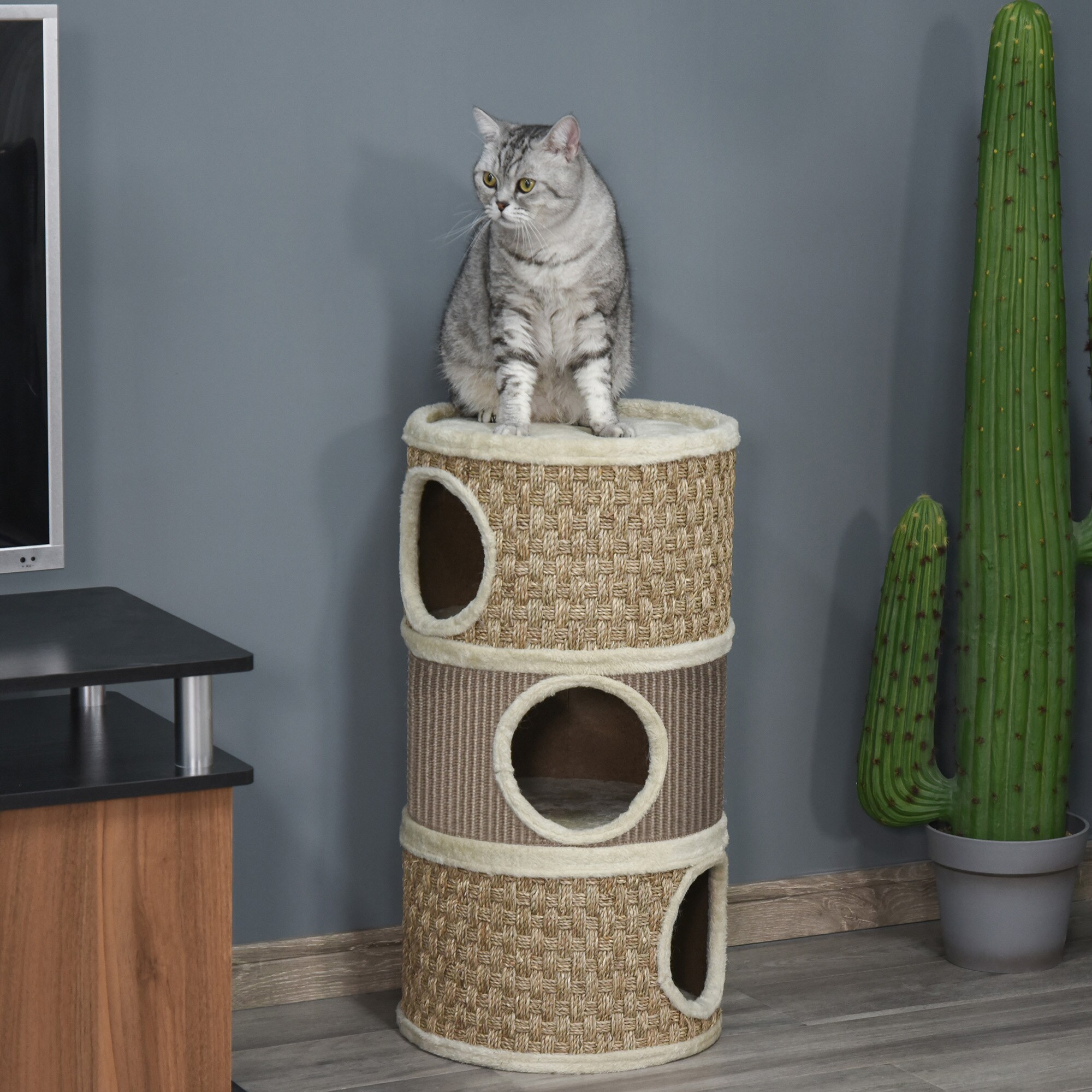 PawHut Katzenkratzturm 3 Stockwerke, Kratzbaum Khaki, Braun 37,5 x 37,5 x 70 cm (LxBxH)