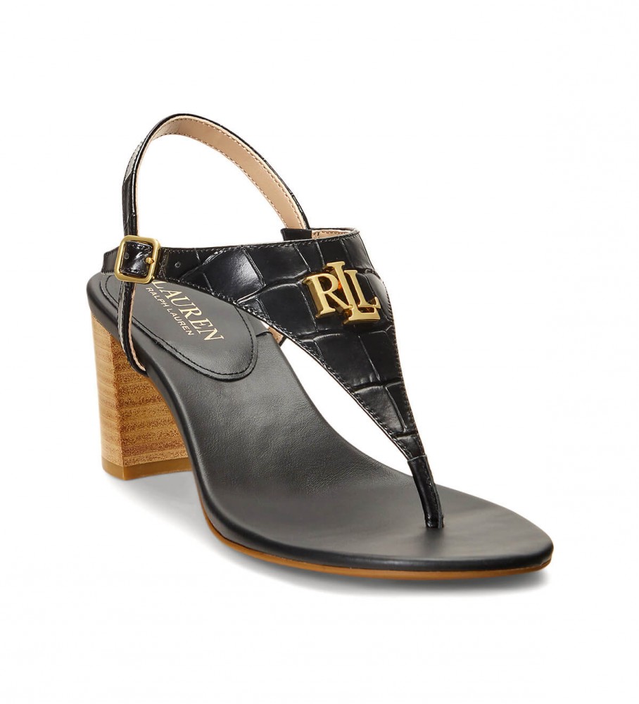 Sandália Ralph Lauren Westcott II em couro preto texturizado - Altura do salto: 6 cm -