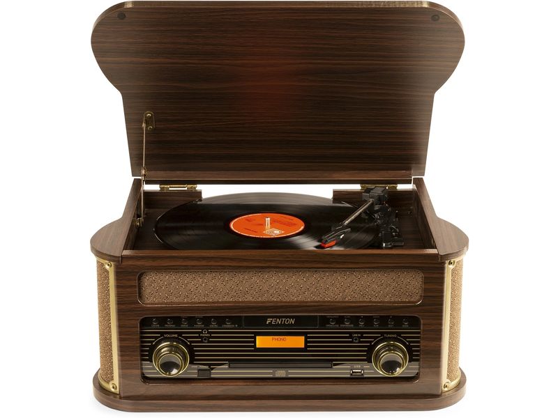 Fenton Plattenspieler Memphis Vintage Dunkelbraun Retro Plattenspieler mit Radio, Bluetooth, Media-Player und Umwandlungsmöglichkeit für Schallplatten und Kassetten