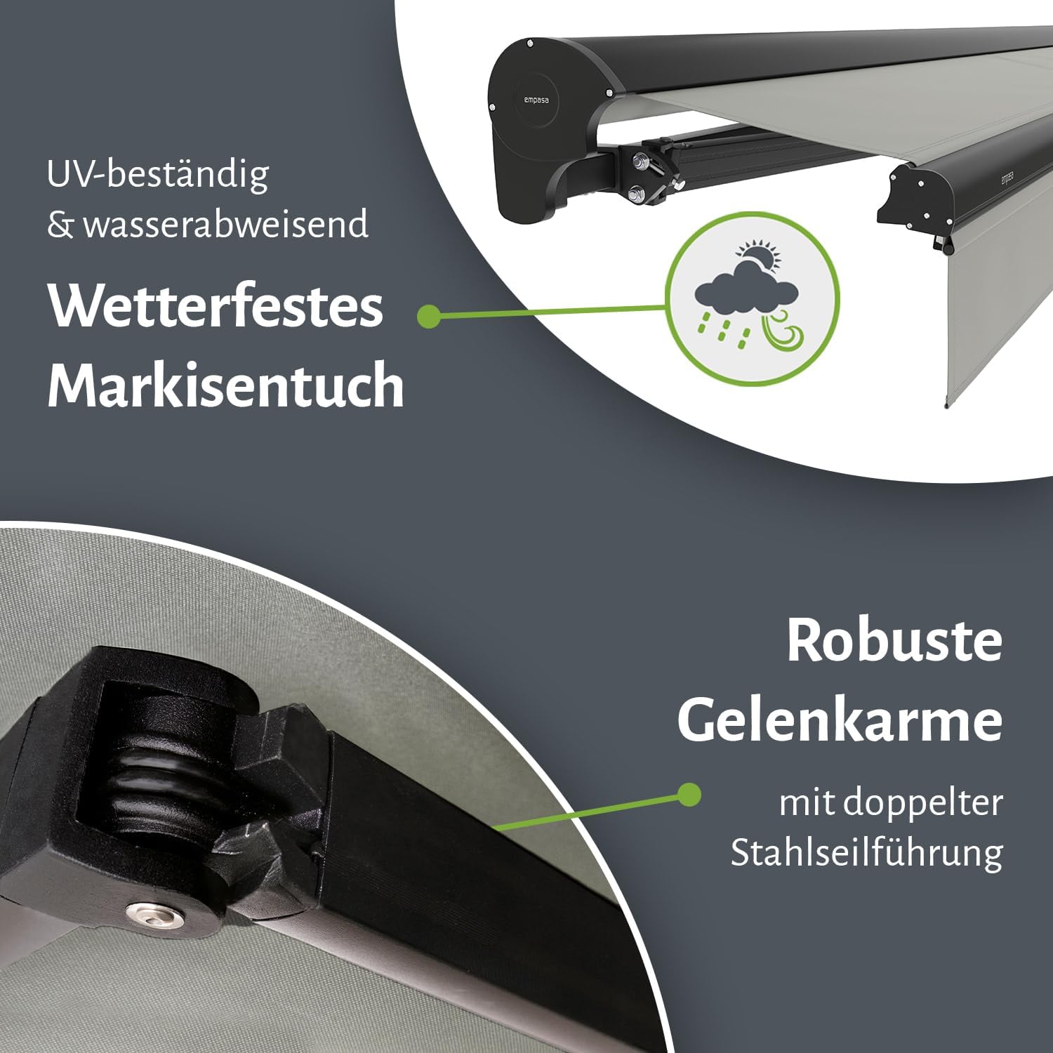 empasa elektrische Kassettenmarkise Expert Plus Markise mit WiFi-Motor Smart Home kompatibel, Terrassenüberdachung mit Volant, komplett vormontiert, Größe:3.5 x 2.5 m, Stofffarbe:Elfenbein