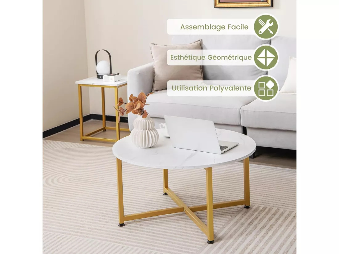 Table Basse Salon 3 Pcs, Table Basse Ronde avec 2 Tables d'Appoint Carrées, Cadre en Métal, Design Moderne Industriel, Table Salon Lot de 3 pour Salon, Chambre (Blanc doré)