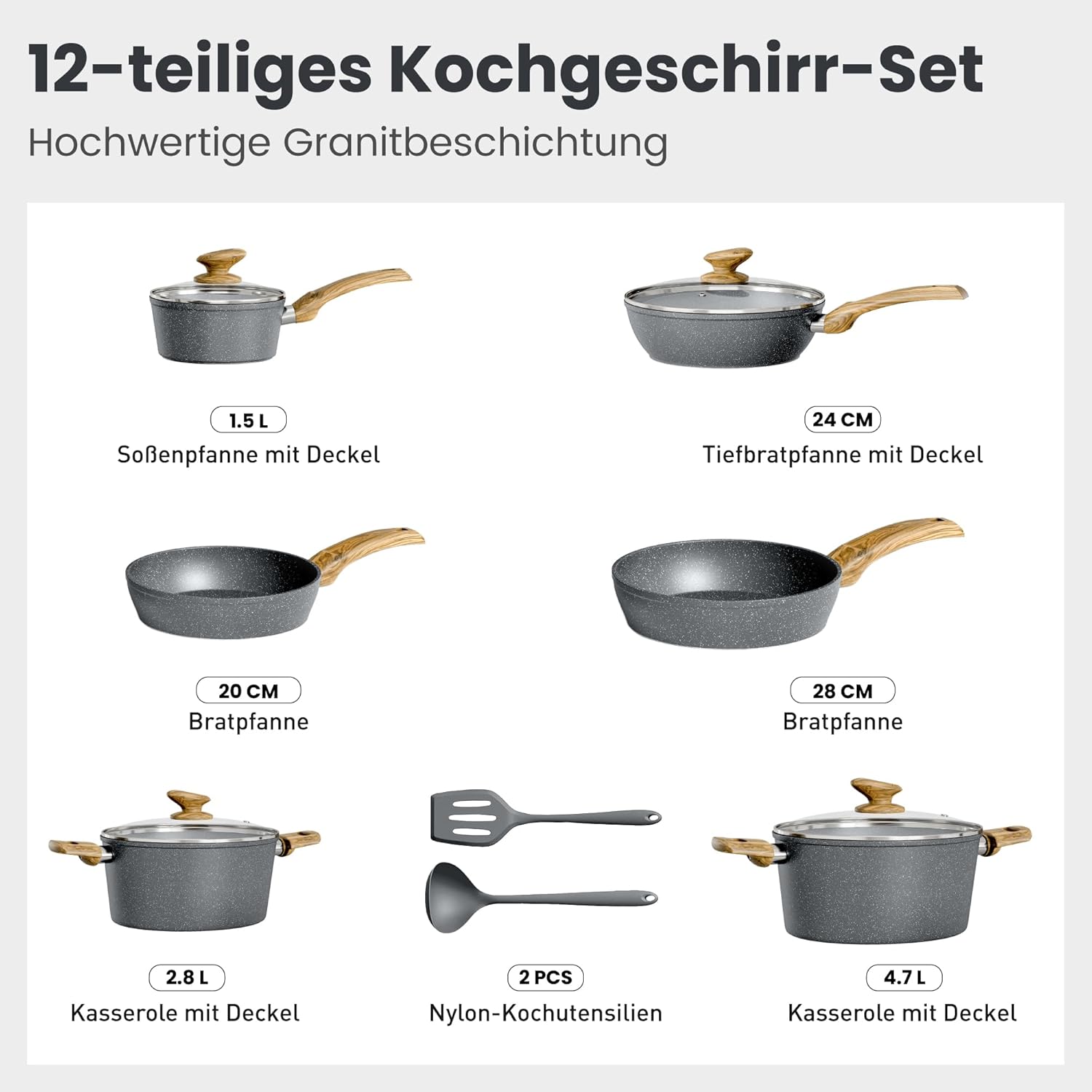 DishDelight Topfset Beschichteter Topf Induktion Töpfe Set Pfannenset 12-teilige Granit Antihaft Töpfe und Pfannen Cookware Kochtopf Bratpfanne mit Glasdeckeln