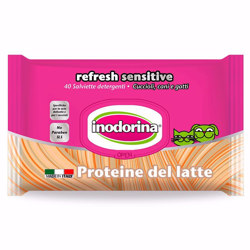 Lenços umedecidos Inodorina Sensitive com proteína do leite para cães e gatos.