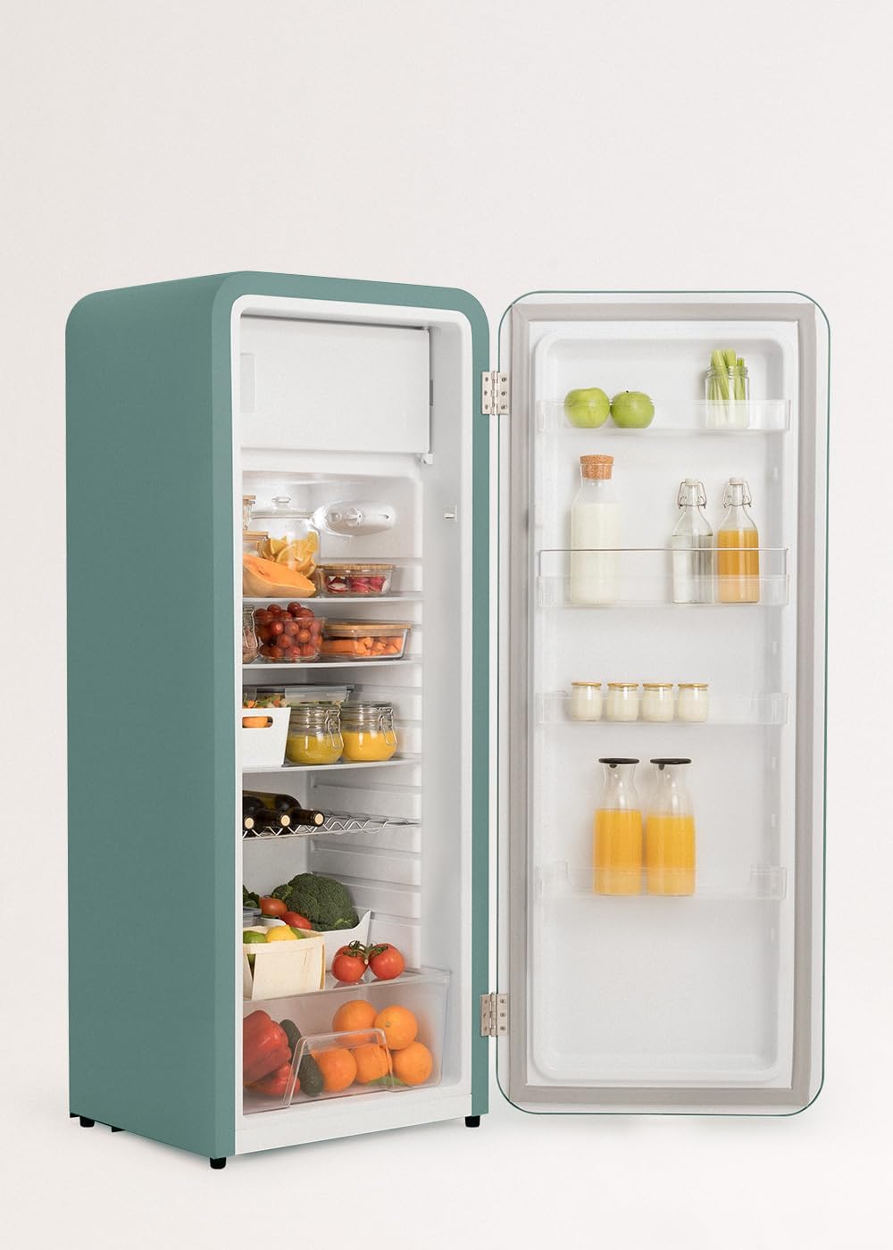 CREATE / RETRO FRIDGE 150 SCHWARZ/Kühlschrank mit Gefrierfach 281L in Salbeigrün, Griff Schwarz / 102W, niedriger Energieverbrauch, 150cm, 3 Ablagen, Temperaturregelung,60x60x150cm