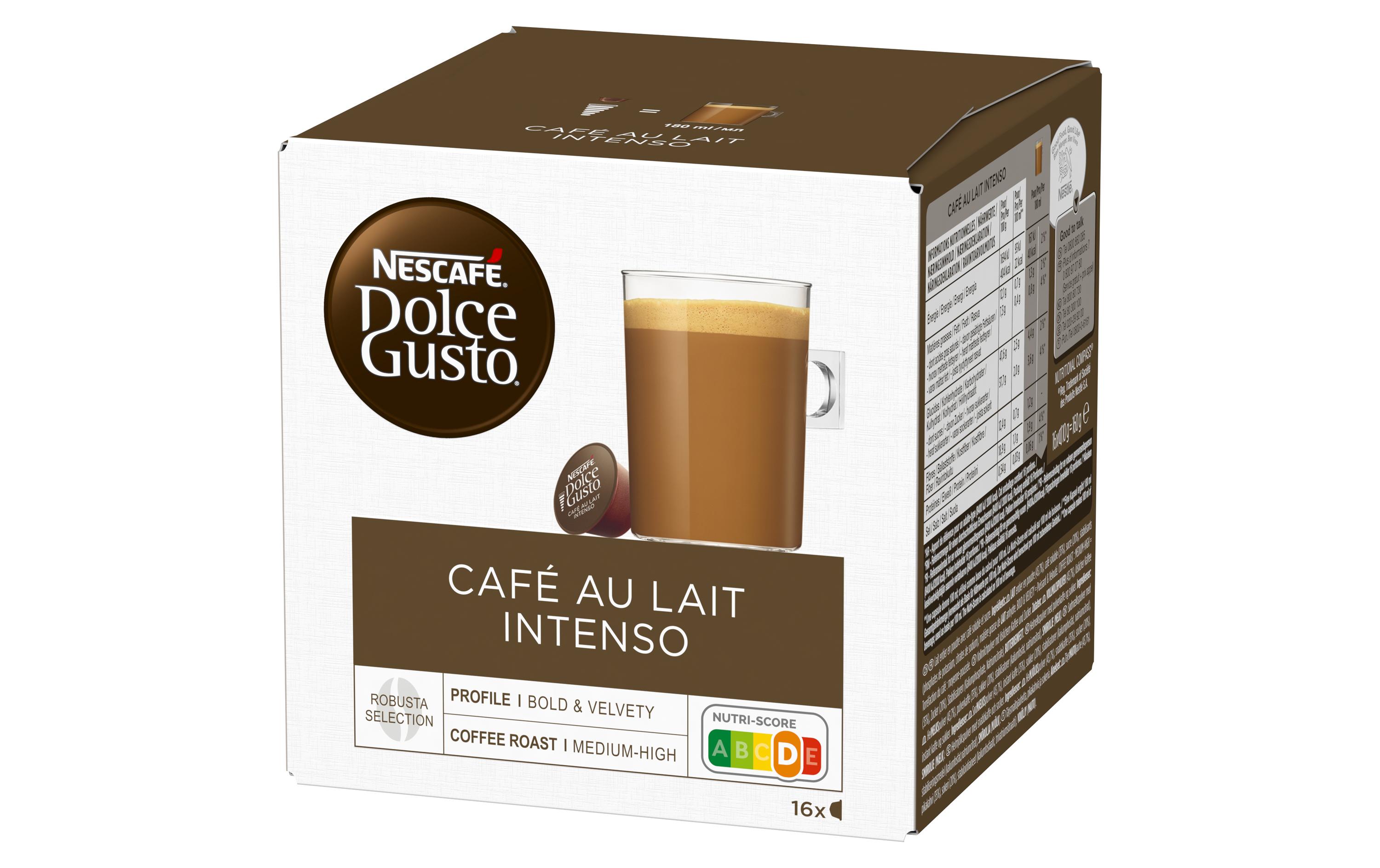 Kaffeekapseln Dolce Gusto Café lait Intenso 16 StückVollmilchpulver mit löslichem Kaffee und Zucker