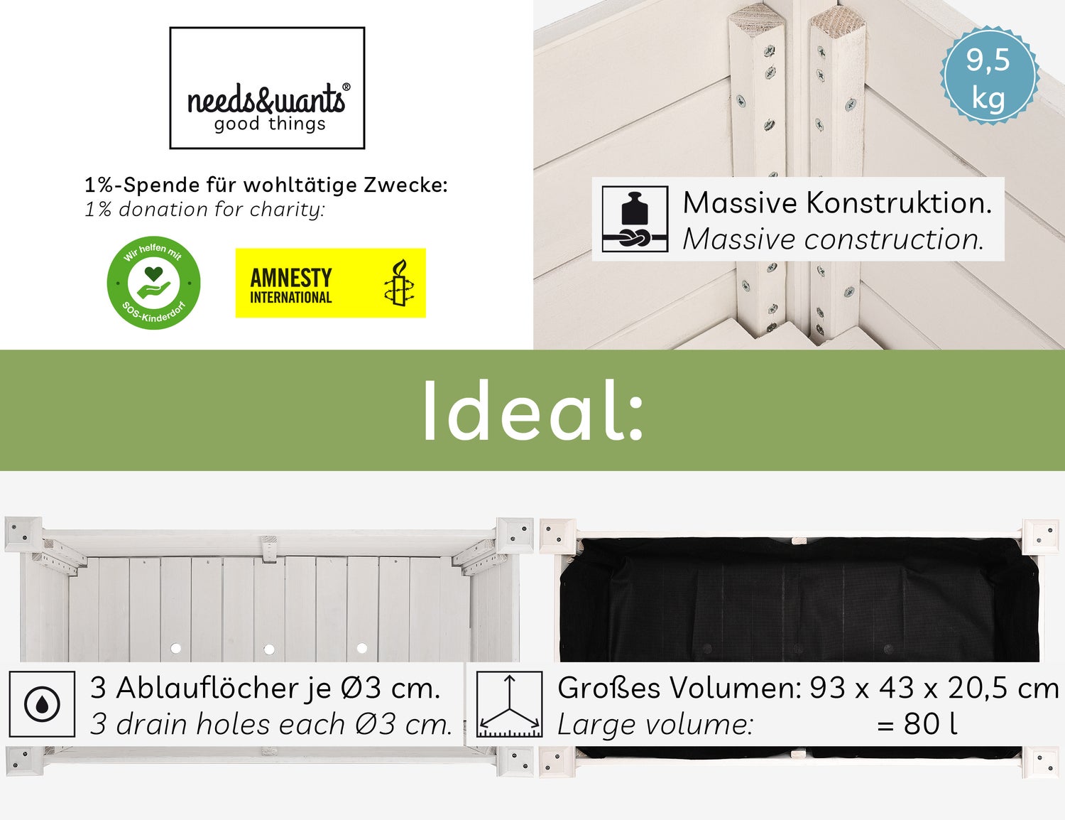 needs&wants® Houten verhoogde tuinbak voor tuin, balkon, terras, rechthoekige smalle plantenbakset met fleecevoering, kruidenbak, decoratief, 100 x 50 x 75 cm, wit