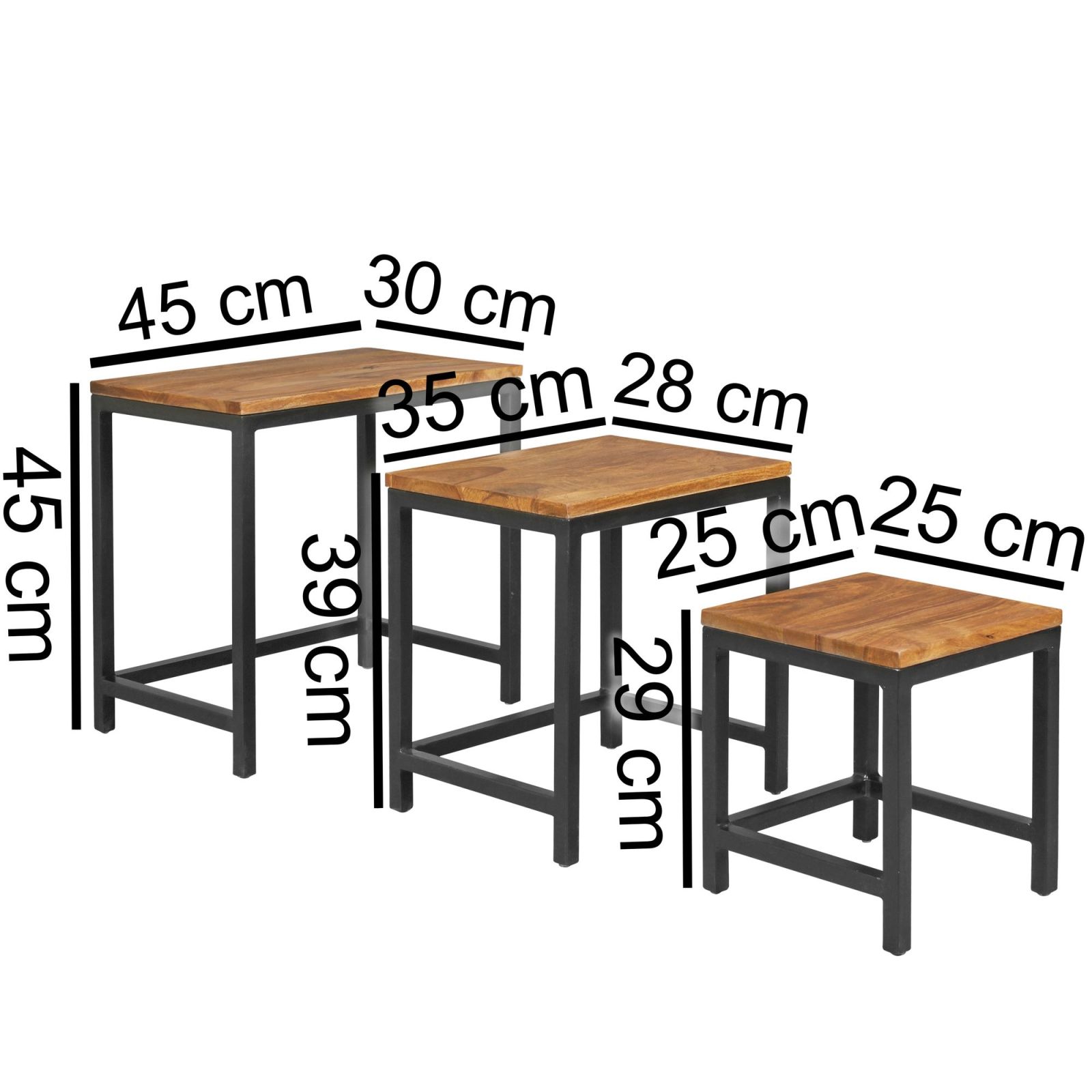 3er-Set Beistelltische - schwarz-Sheesham massiv