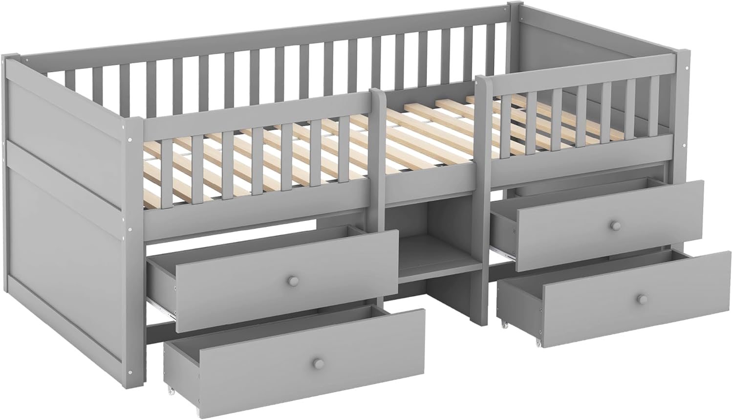 Merax Kinderbett 90x200 cm, Funktionsbett mit Stauraum, Holzbett mit Lattenrost & 4 Schubladen, Jugendbett mit Leiter und Rausfallschutz - Kiefer massivholz, ohne Matratze, Grau
