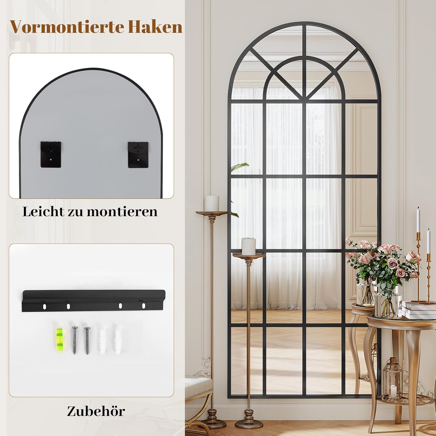 Koonmi 60x164 cm Fensterscheibe Gewölbter Ganzkörperspiegel - Raster-Designed Dekorative Vollkörper Wandspiegel mit Metallrahmen hängend Schrägung für den Eingang, Wohnzimmer Dekoration, Schwarz