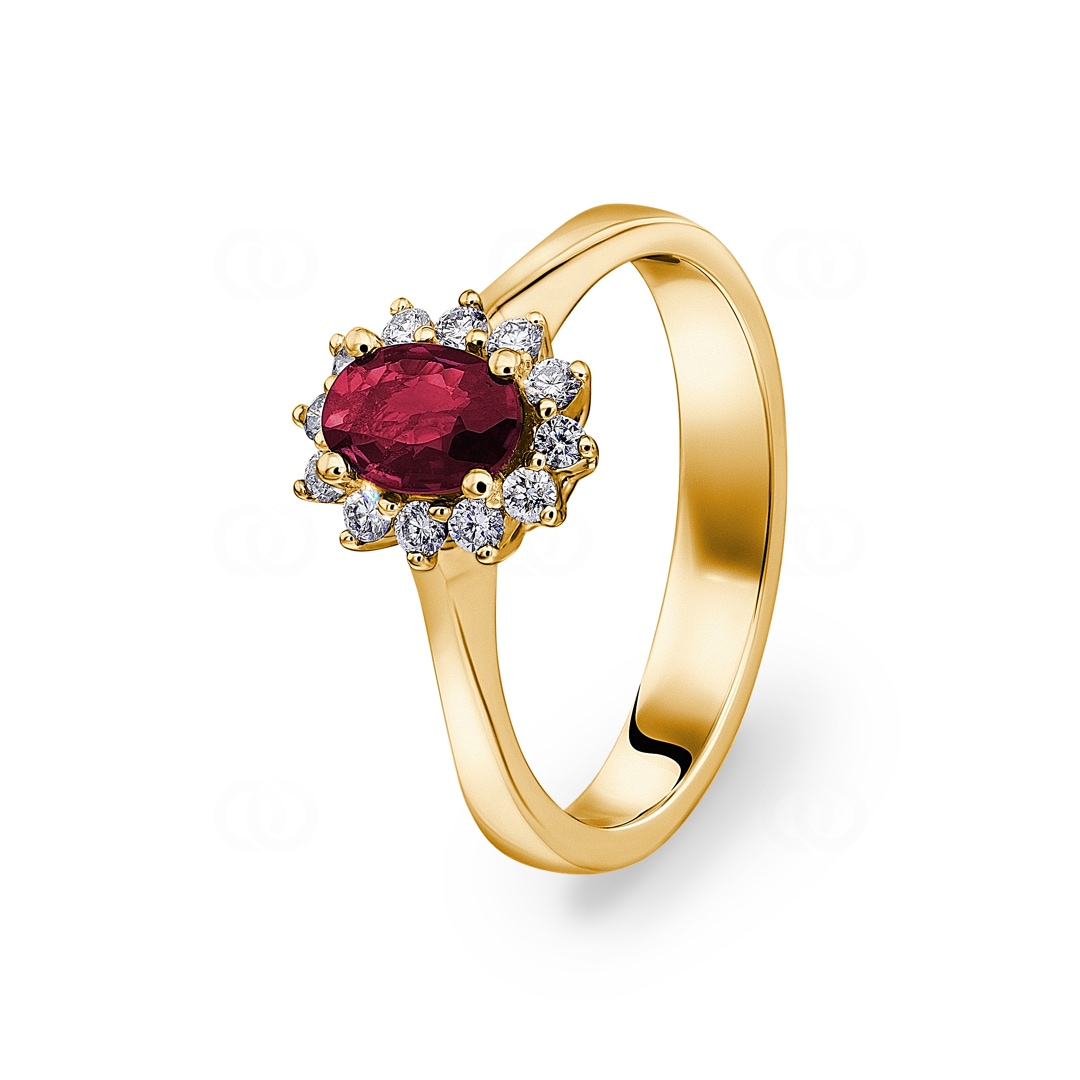 Damenring 750/18 K Gelbgold mit Diamanten 0.17 ct H/si & Rubin 0.78 ct
