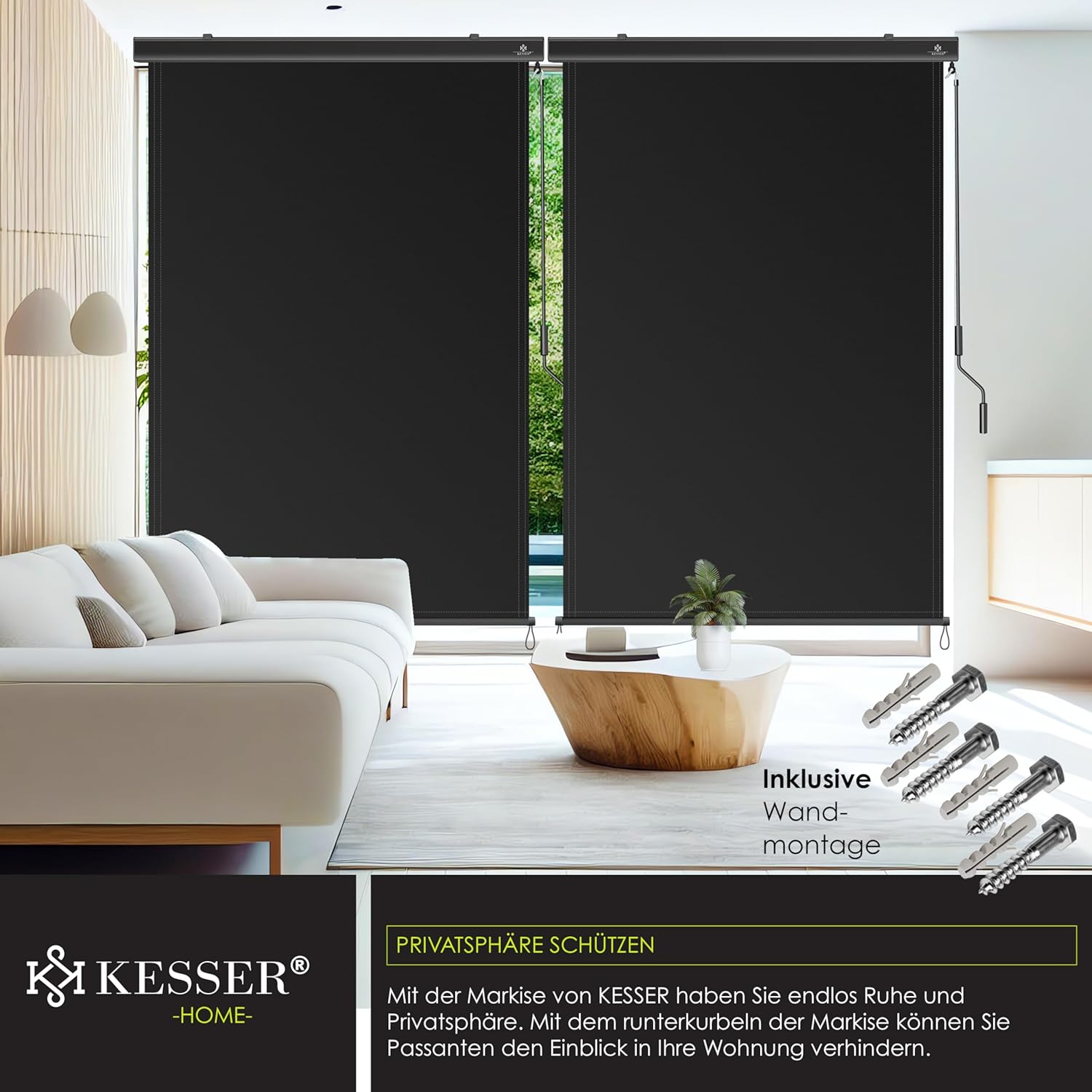 KESSER® Senkrechtmarkise 180x250cm Außenrollo Handkurbelmechanismus Balkonrollo Sonnen-und Sichtschutz Beschattung Sonnenschutz mit Kurbel Markisenkasten Balkon & Terrasse inkl Montageset & Abdeckung