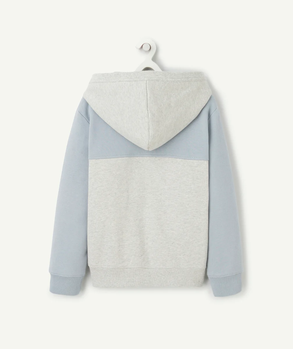 GILET À CAPUCHE GARÇON EN COTON BIO GRIS VERT ET BLEU THÈME SPORT