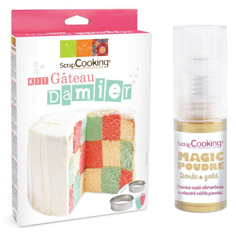 Kit gâteau damier + 1 poudre alimentaire irisée dorée Scrapcooking