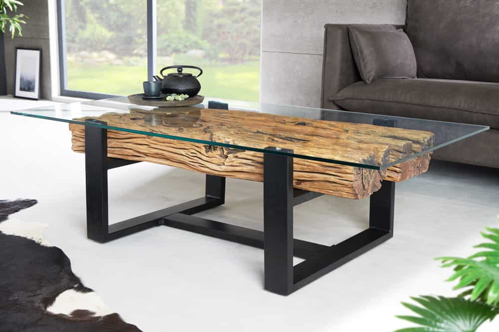 Design Couchtisch BARRACUDA 130cm recyceltes Teakholz Glasplatte schwarz Edelstahl Industrial