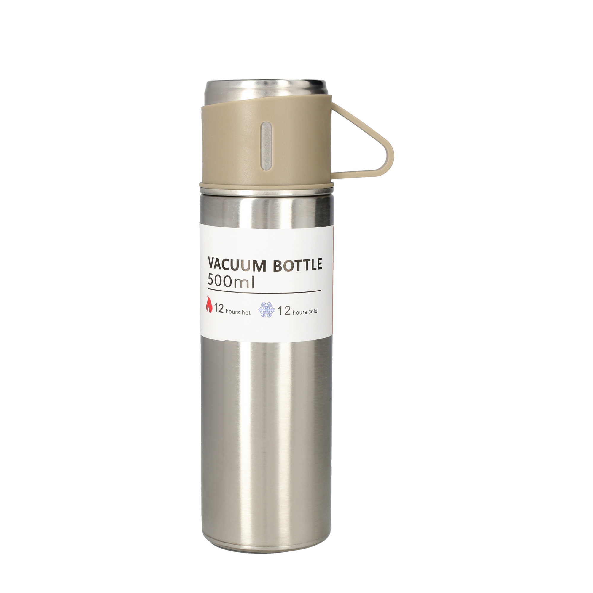 (4-tlg. Set) 500ml Edelstahl Thermo Trinkflasche Doppelwandige Camping Iso Kanne inkl. 3 Becher - Silber / Beige