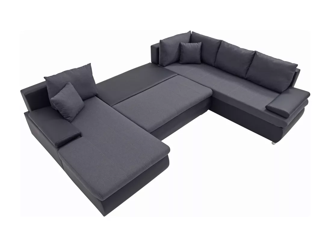 Canapé d'angle gauche panoramique convertible en simili et tissu noir et gris anthracite DAKOTA II