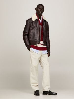 Jaqueta Bomber Crest de Couro com Gola a Penas e Corte Relaxado