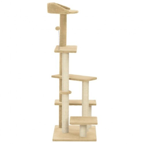 Arranhador bege para gatos com hastes de sisal.