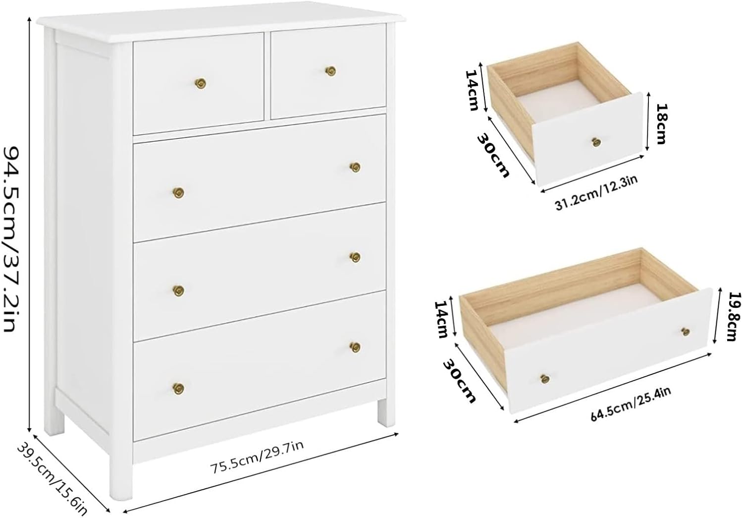HOCSOK Kommode, Kommode Weiß, Sideboard mit 5 Schubladen, Beistellschrank viel Stauraum, Mehrzweckschrank für Wohnzimmer Schlafzimmer Flur, 74x40x94cm