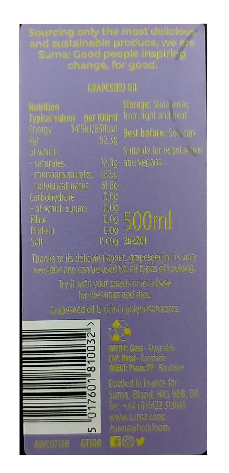 Óleo de Semente de Uva Suma Wholefoods 500g