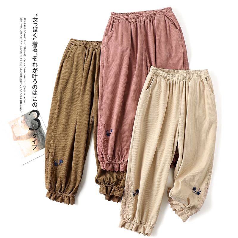 CosmoCorner - Corduroy Harembroek met elastische taille en bloemenaccent