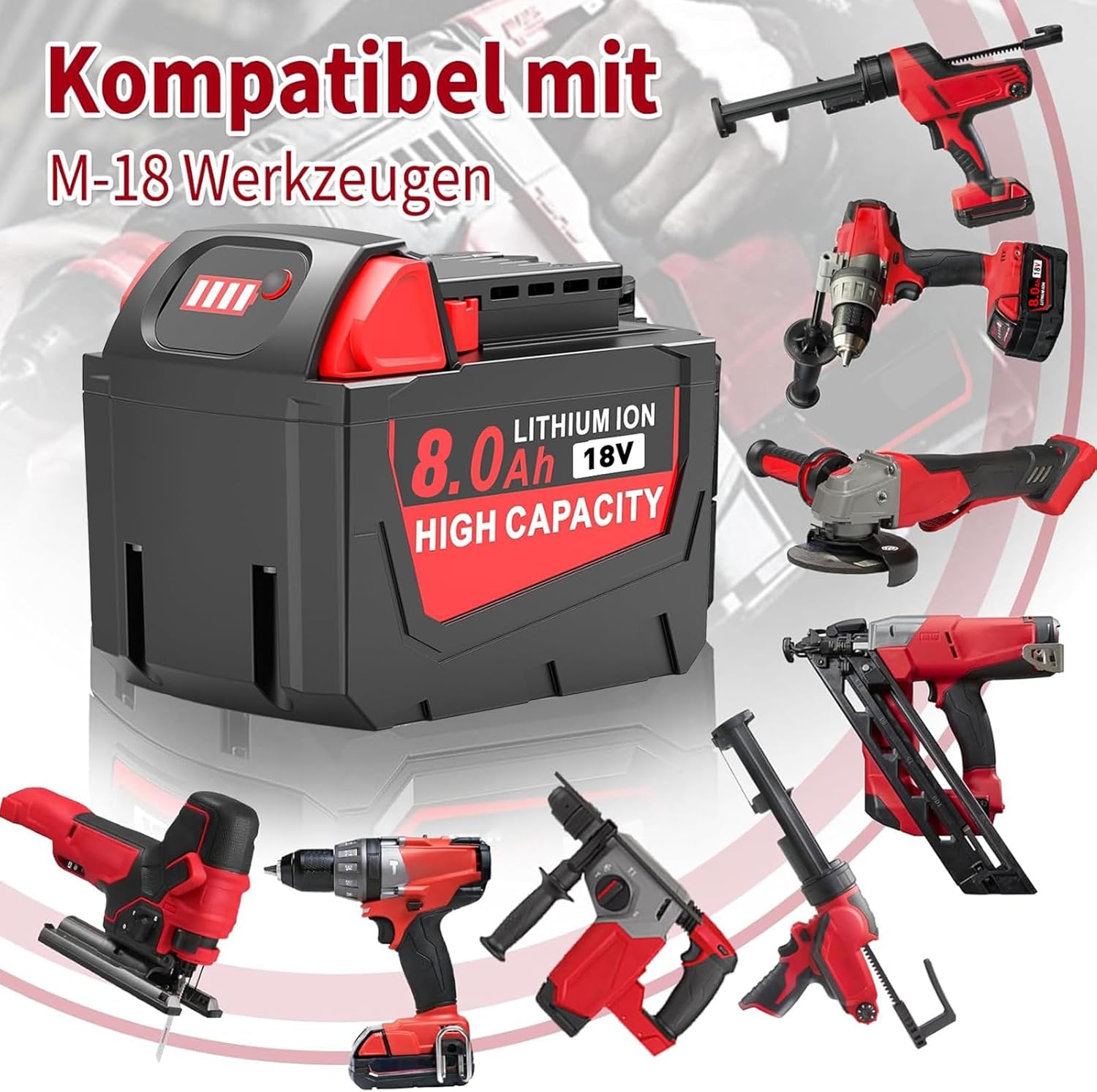 4 × 18V 8.0Ah Ersatz für Milwaukee Akku 18V, Kompatibel mit Milwaukee Akku M18 48-11-1852, 48-11-1850, 48-11-1840, 48-11-1830, 48-11-1820 mit LED-Anzeige (4 × 8.0Ah)