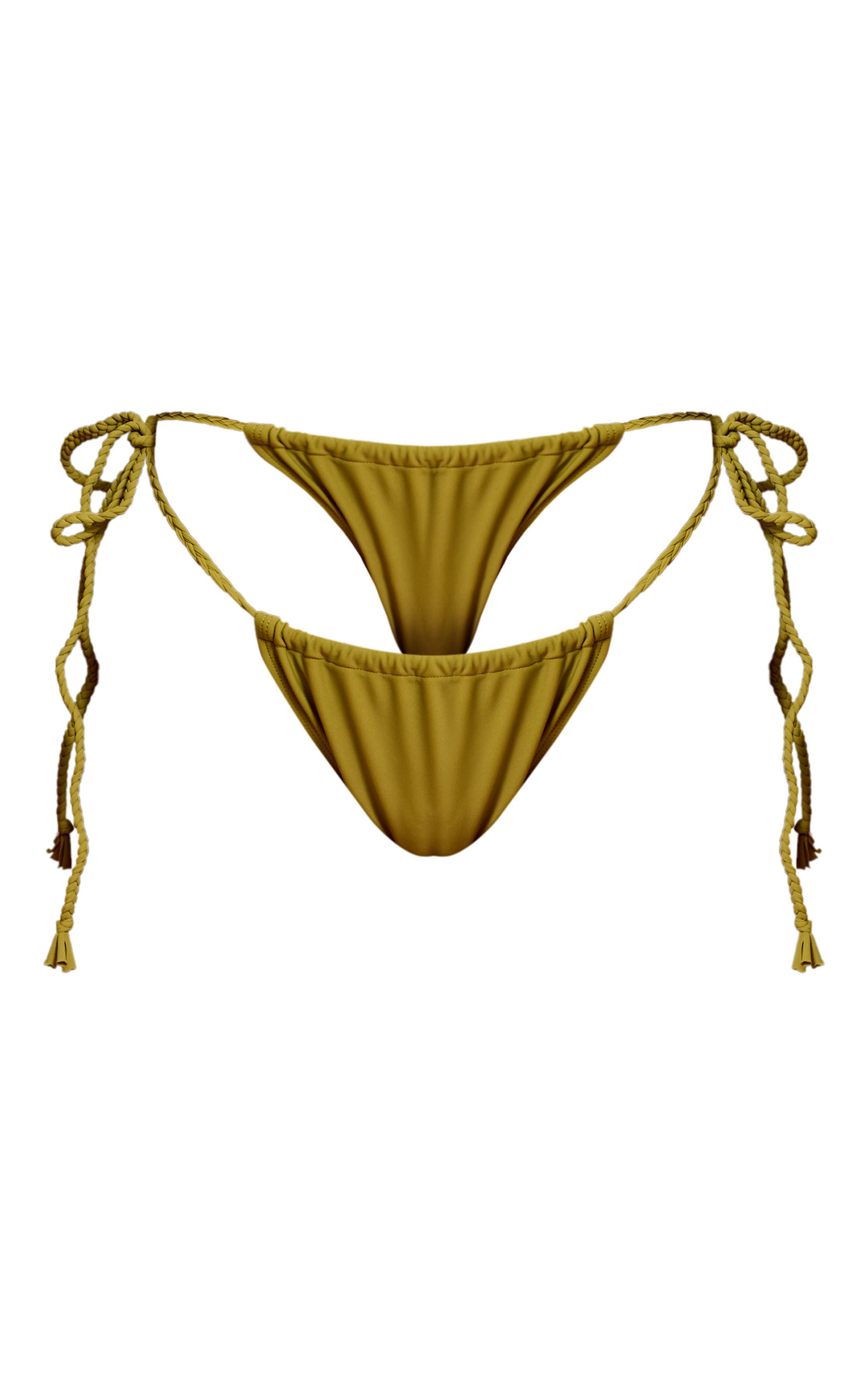 Vert Olive Bas De Bikini Tanga String À Brides Tressées