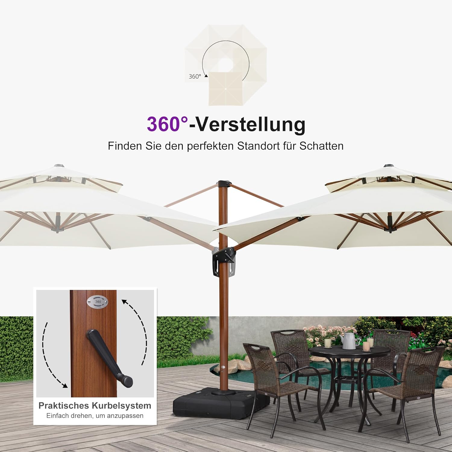 PURPLE LEAF Alu Holzoptik Ampelschirm Sonnenschirm Ø 330 cm Drehbar Gartenschirm Groß 360°Drehbar mit Kurbel Doppeldach, XXL, Cream
