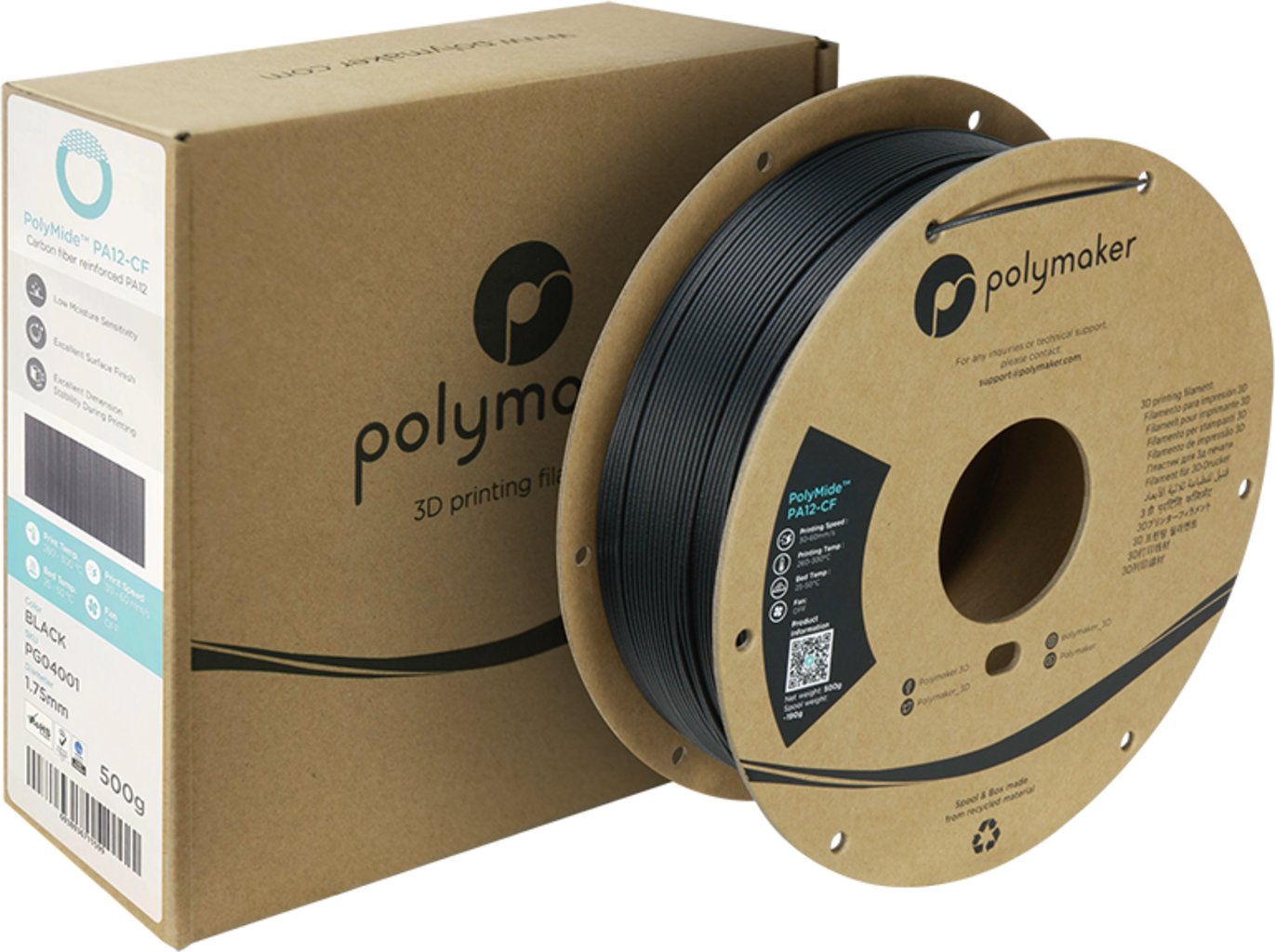 Polymaker  Polymide PA12-CF Schwarz, 1,75 mm / 500 g    Kohlefaserverstärktes Nylon-Filament
