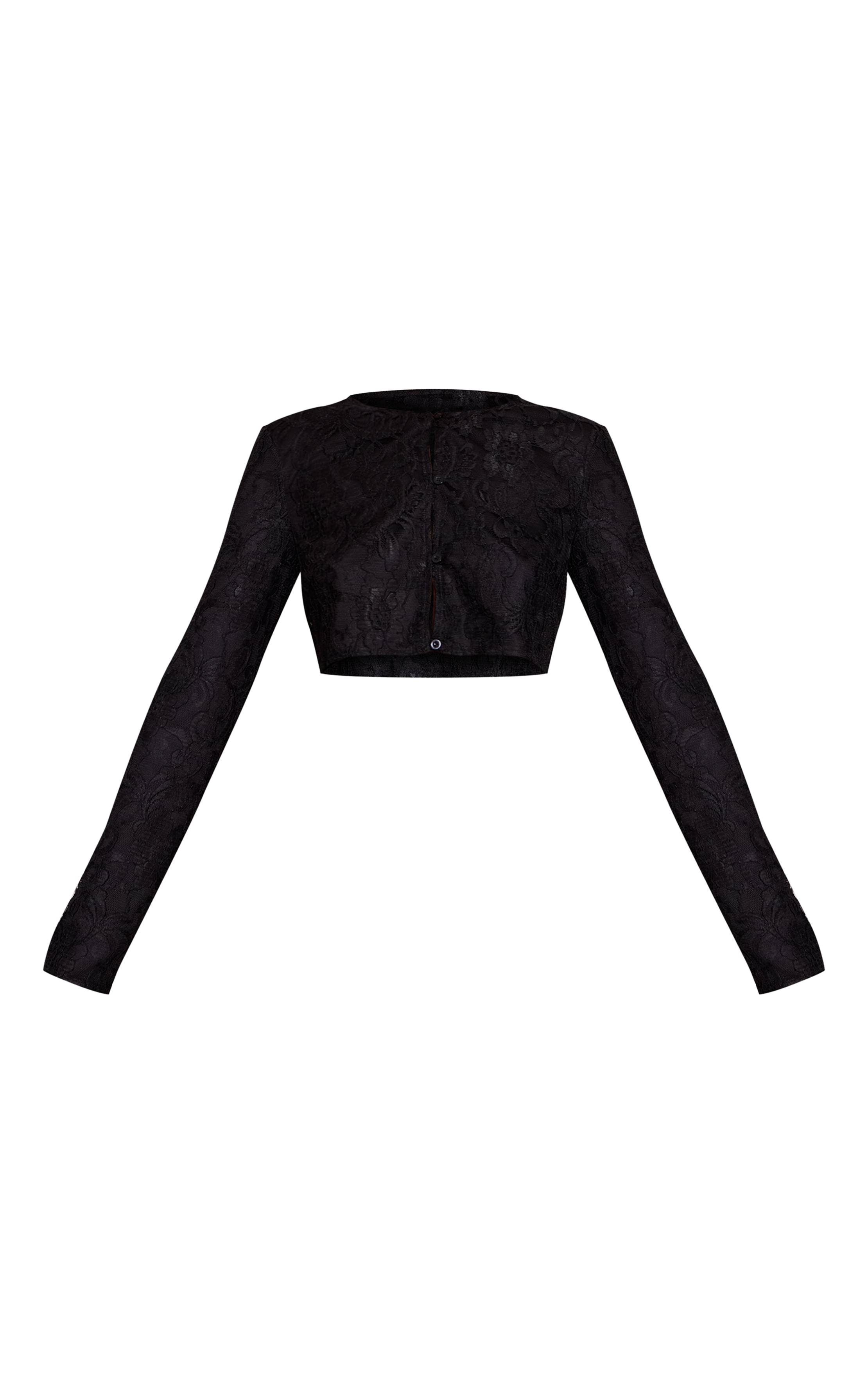 Noir Ensemble Top Court En Dentelle À Manches Longues Et Boutons
