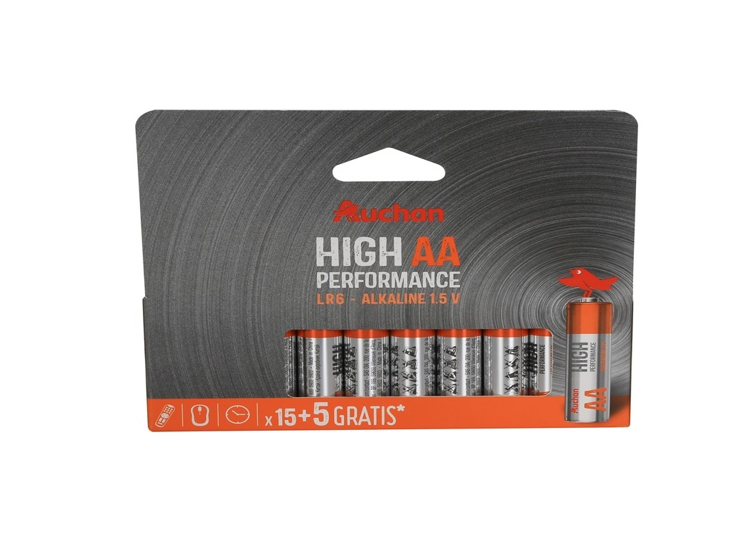 PILHAS ALCALINAS AA LR06 AUCHAN PREMIUM 1.5V 20 UNIDADES