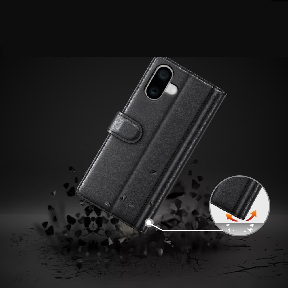 iPhone 16 Echtleder Tasche Flip Cover mit Kartenfächer - Schwarz