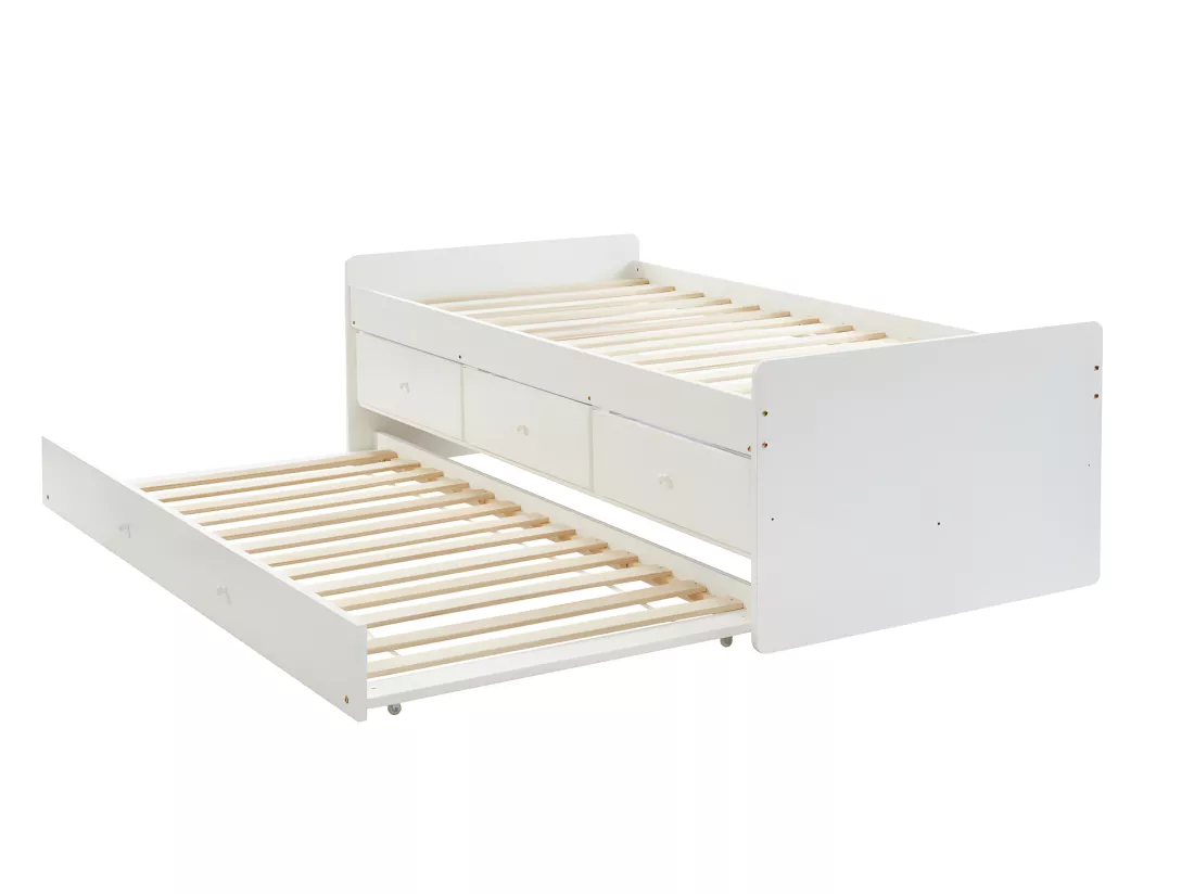 Lit gigogne TITOUAN avec 3 tiroirs - 90 x 190 cm - MDF et Pin - Blanc + Matelas
