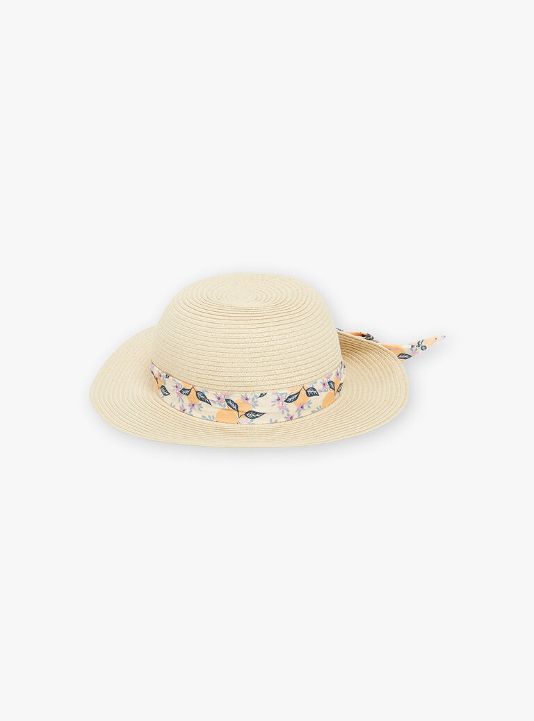 Chapeau de paille avec bande à imprimé clémentines et fleurs