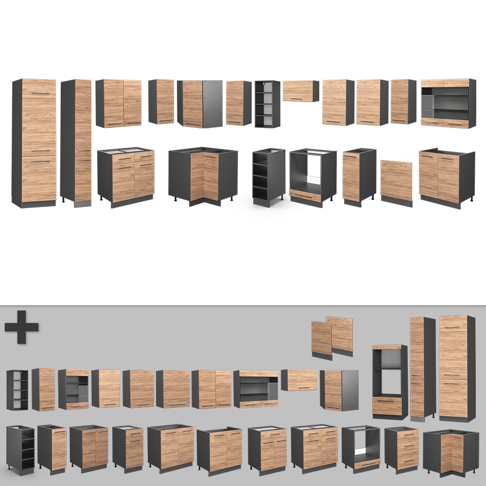 Vicco Eckküche Küchenzeile Einbauküche Fame-Line Anthrazit Eiche 257x347 cm modern Spülenunterschrank Unterschrank Herdumbauschrank Hängeschrank Kühlumbauschrank Apothekerhochschrank Blende