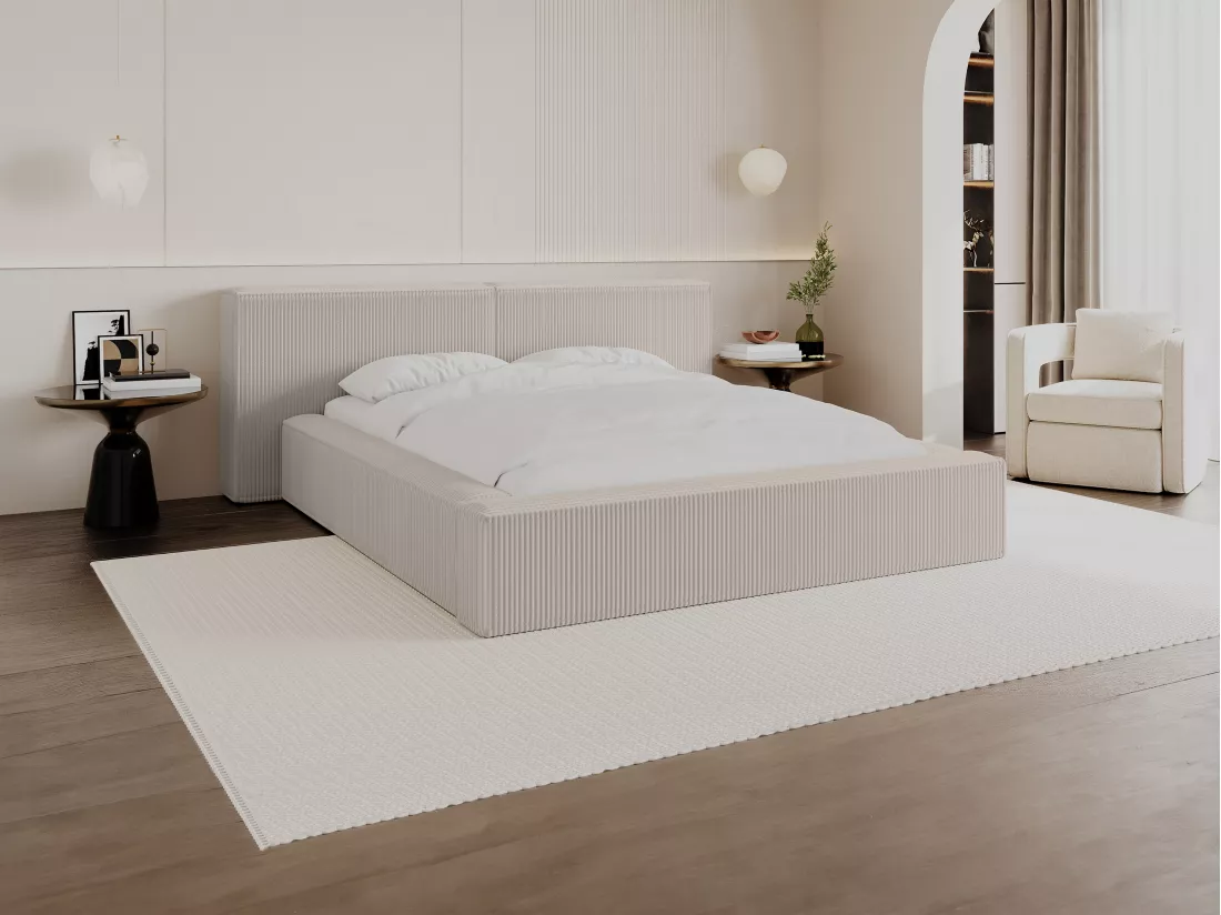 Lit coffre 160 x 200 cm - Velours côtelé - Beige - TIMANO de Pascal Morabito