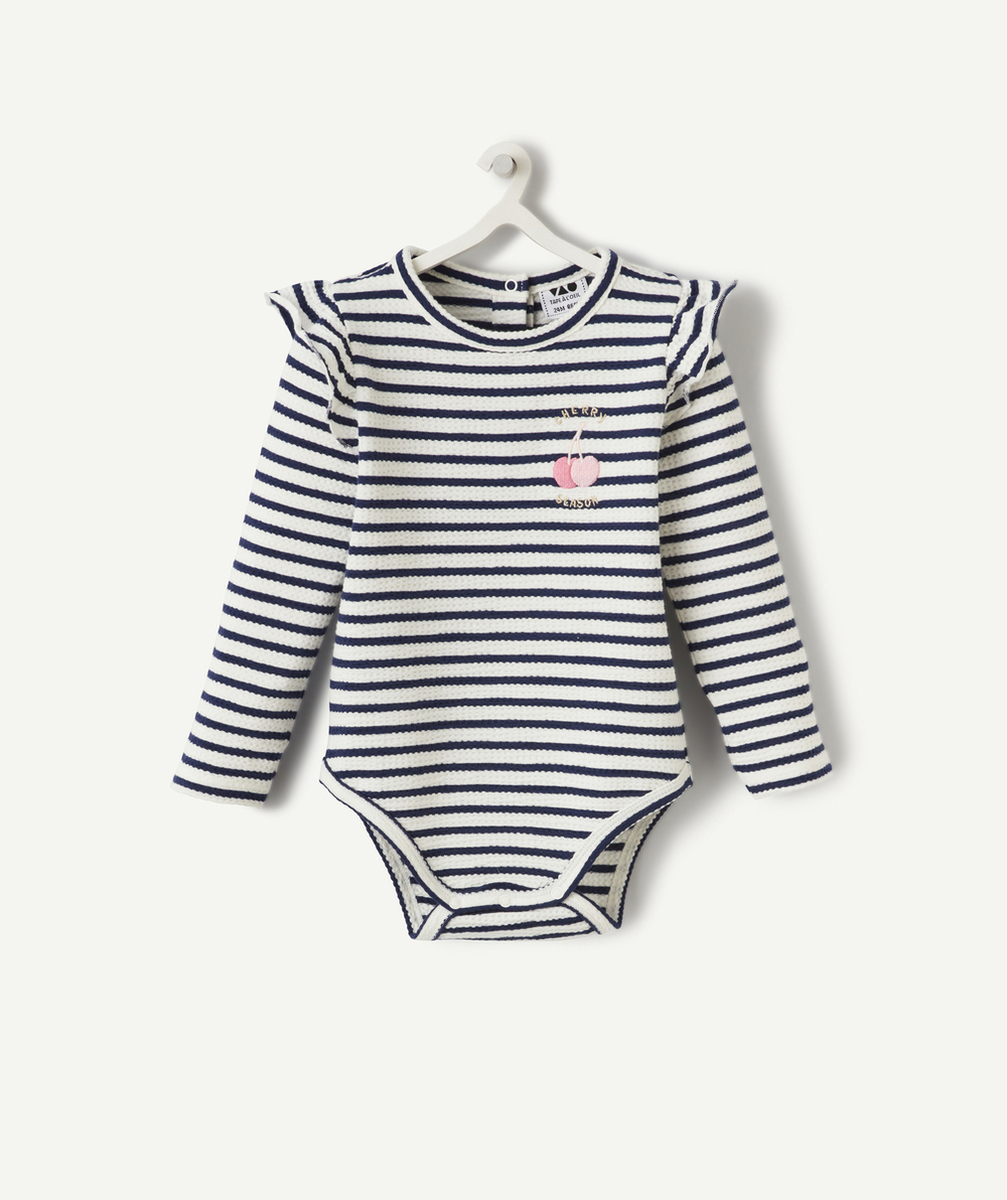 body bébé fille en coton bio à rayures et broderies cerises