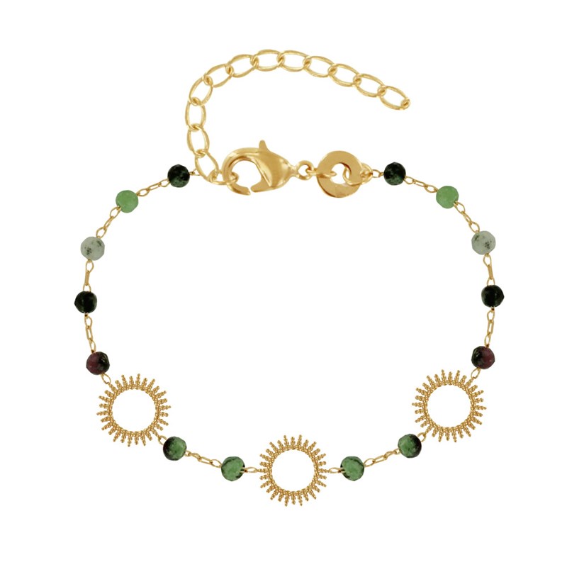 Bracelet Plaqué Or Trois Soleils de Billes Ajouré et Perles Facettées Rubis Zoïsite