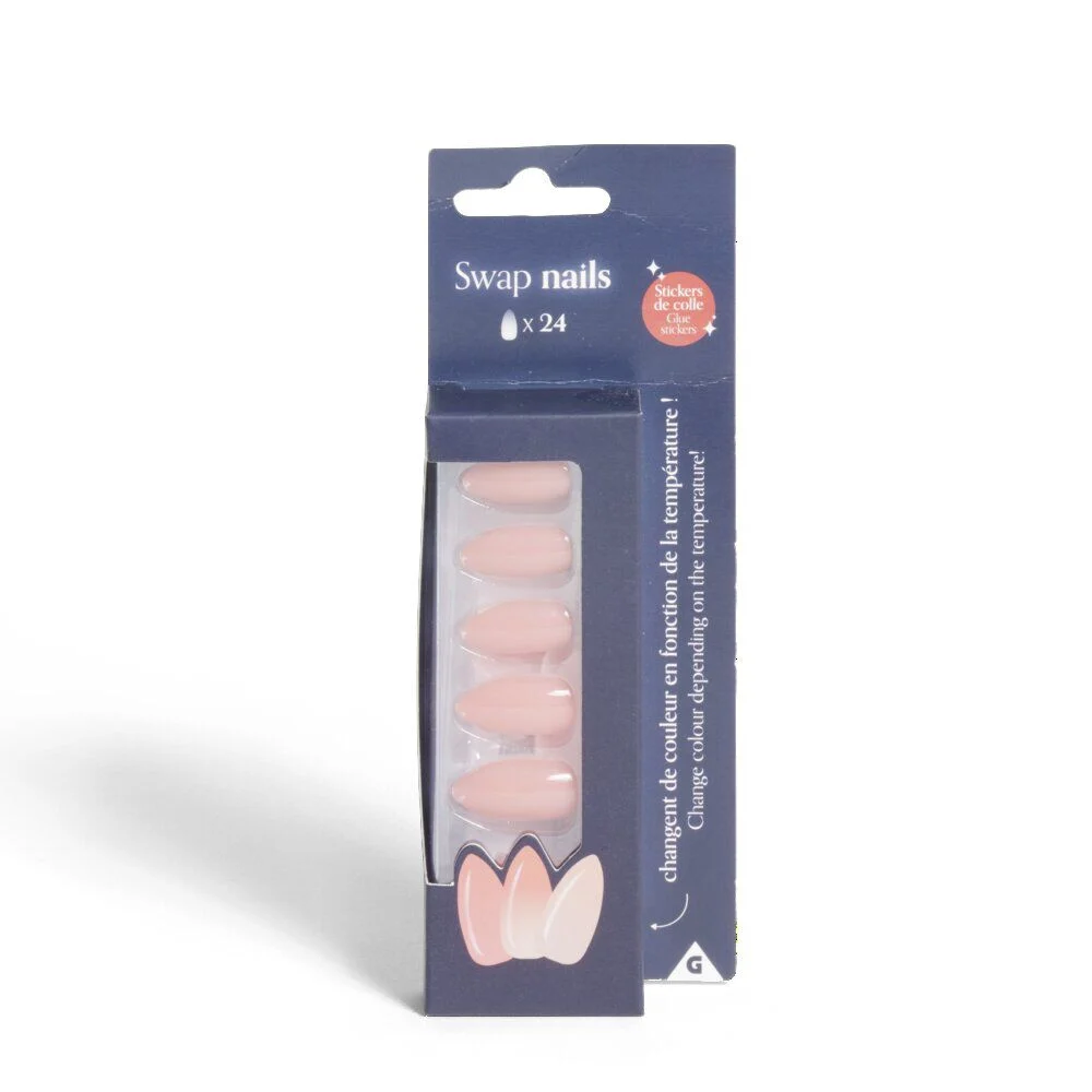 Lot de 24 faux ongles caméléon avec stickers de colle plastique rose