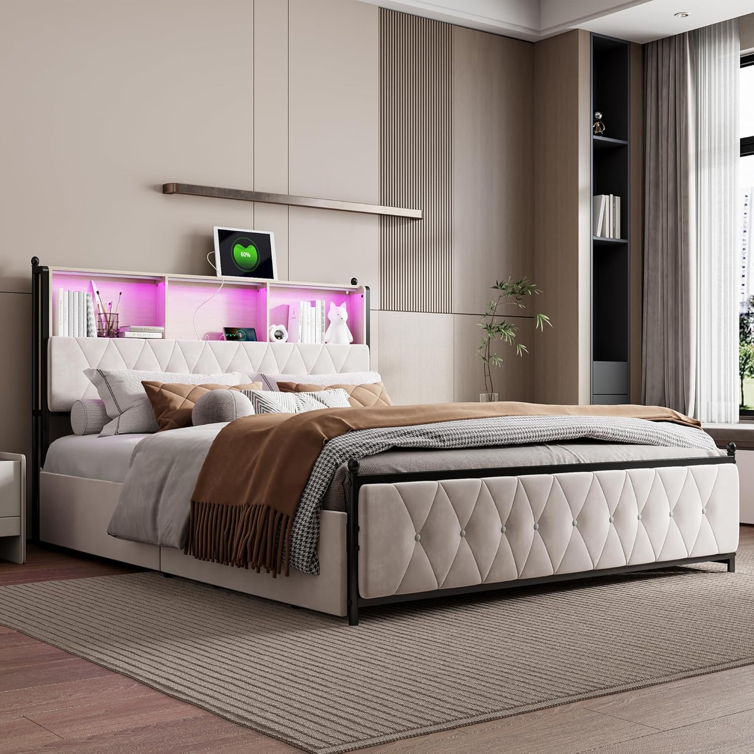 Polsterbett 140x200 cm Doppelbett mit LED und USB, Jugendbett mit Stauraum-Kopfteil Stauraumbett mit 4 Schubladen, Bettgestell mit Lattenrost, Samt (Beige, 140 x 200 cm)