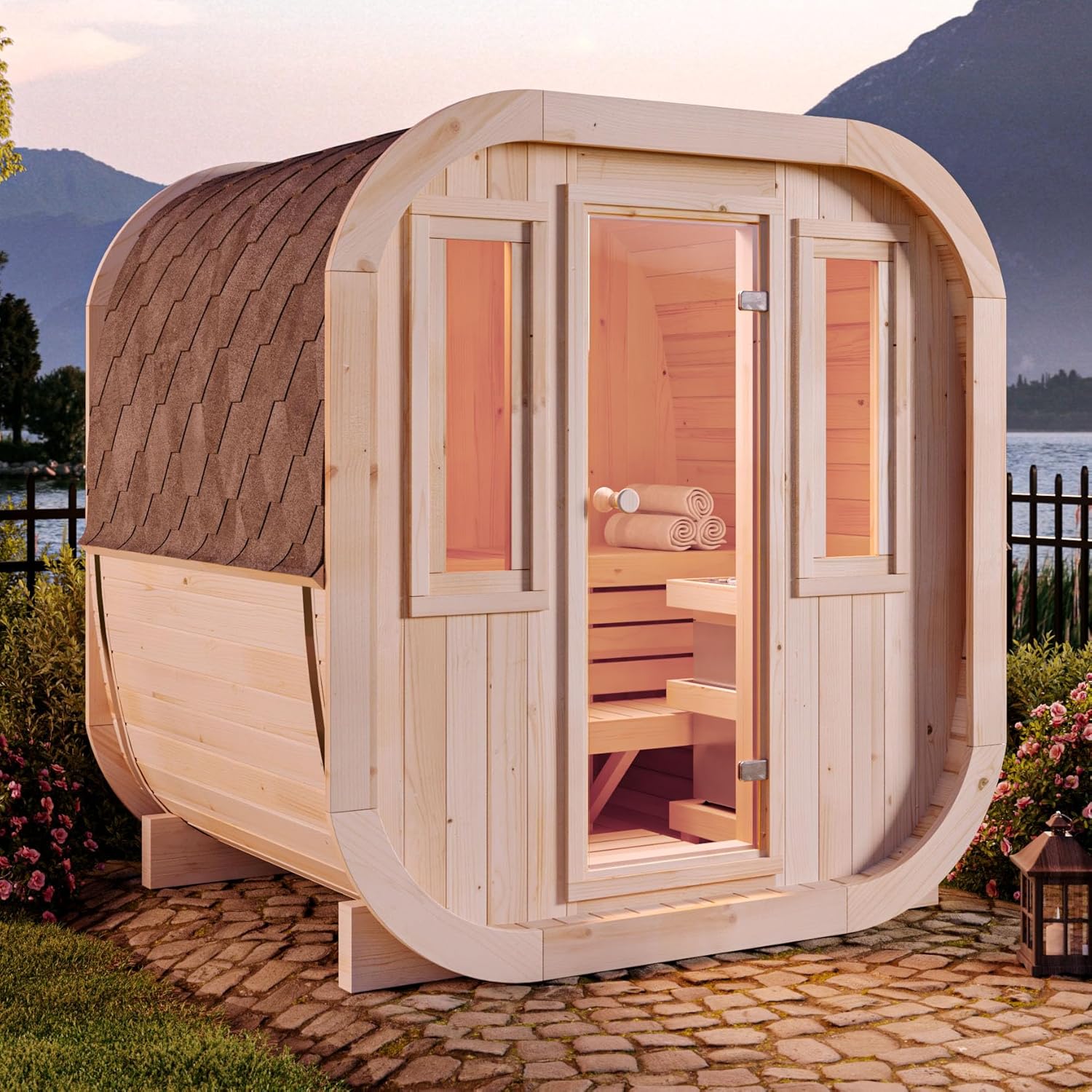 Fasssauna ScandiCube Mini XS Fasssauna 2 Sitzbänke aus Holz, Sauna mit 42 mm Wandstärke, Außensauna mit Montagematerial